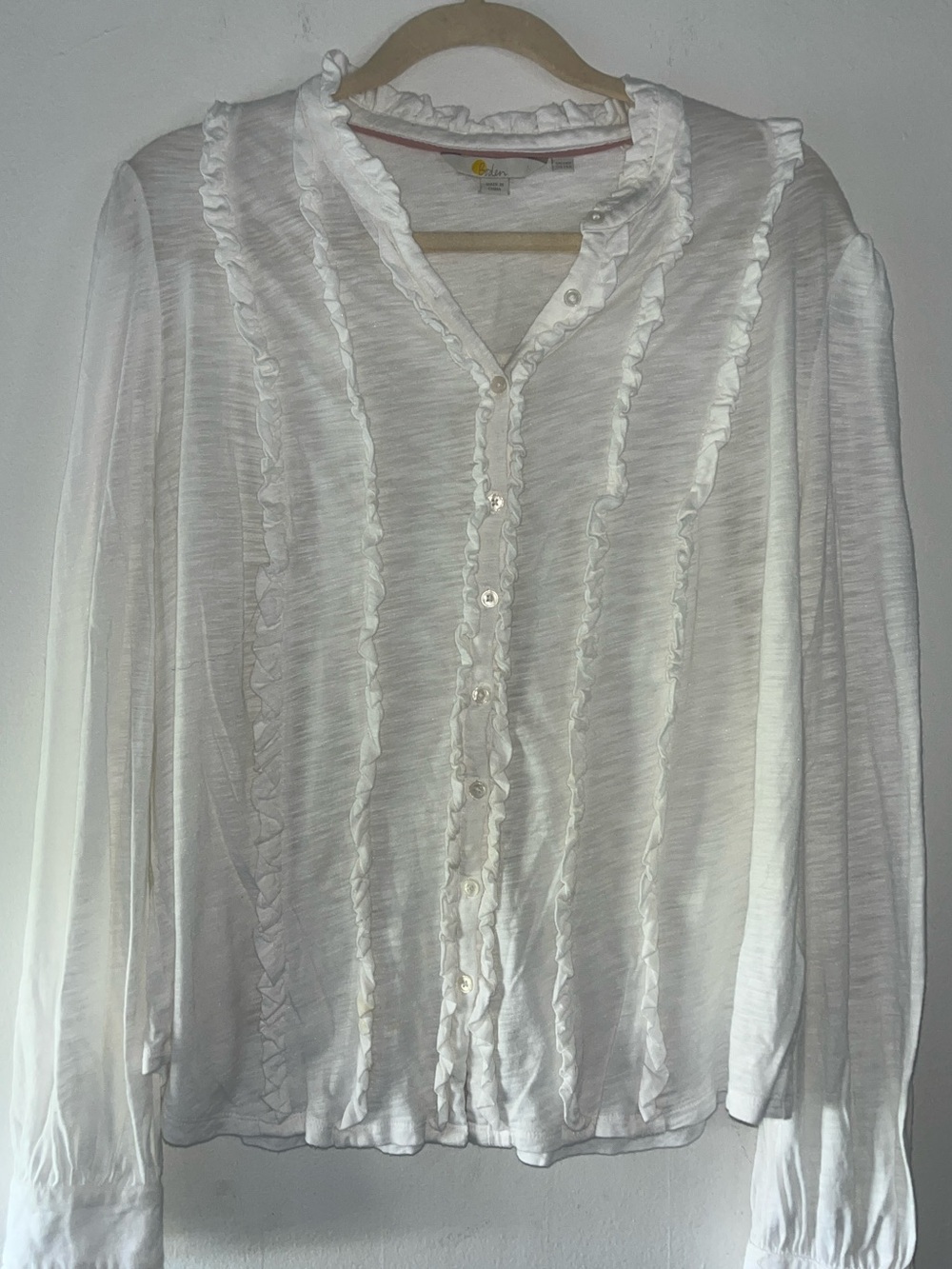 Boden White Ruffle-Trim Button-Down Blouse